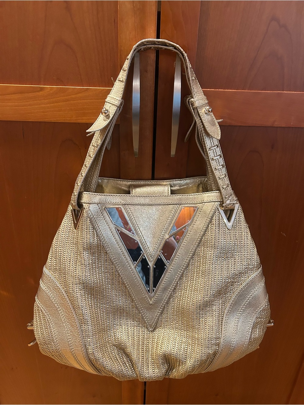 Versace Metallic Gold Shoulder Bag with Mirror Triangle Accents